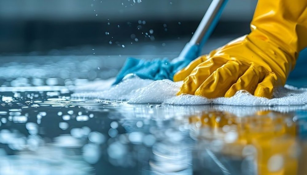 Scrubbing a surface thoroughly with soapy water